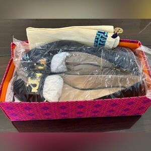 Tory Burch Gigi Suede Pumps Gold Logo Block Heel Royal Navy Womens Size US 9.5